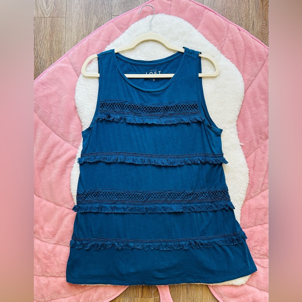 LOFT Blue Sleeveless Top with Fringe Details